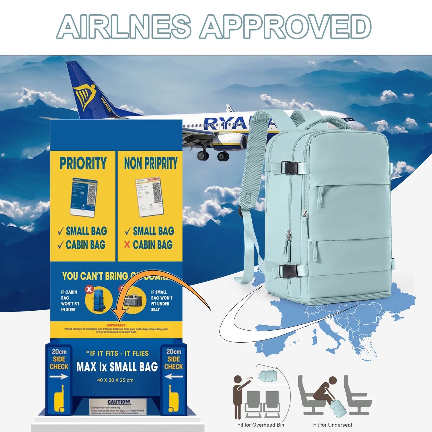 Mochila de Viaje Cabina Avión 40x20x25 Impermeable – Mochila Hombre Mujer para Equipaje de Mano, Negocios, Universidad, Portátil, Viajes